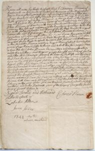 Bill of Sale for Cuff Slocum. He was sold by Ebenezer Slocum to John Slocum in 1742 for the sum of 150 pounds. Reproduced from original in collection of New Bedford Free Public Library
