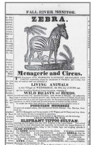 Advertisement for a traveling menagerie, Fall River Monitor Sat June 13, 1835.